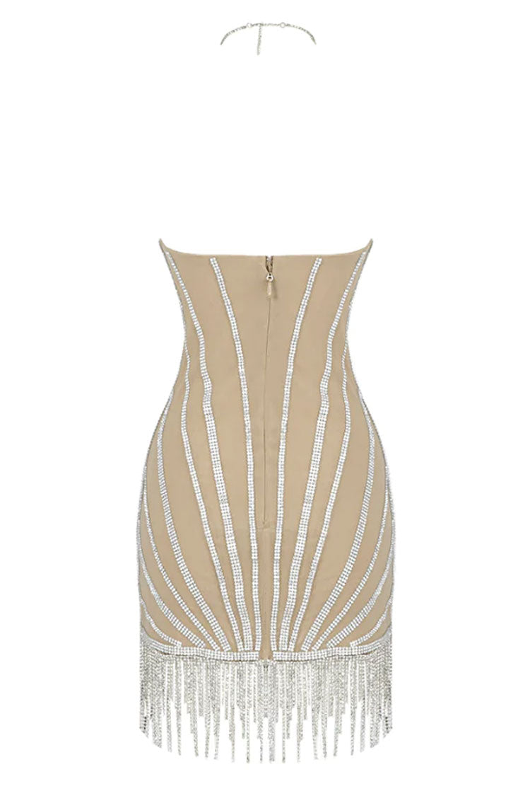 Shimmer Rhinestone Sweetheart Halter Neck Mesh Fringe Party Mini Dress - Silver