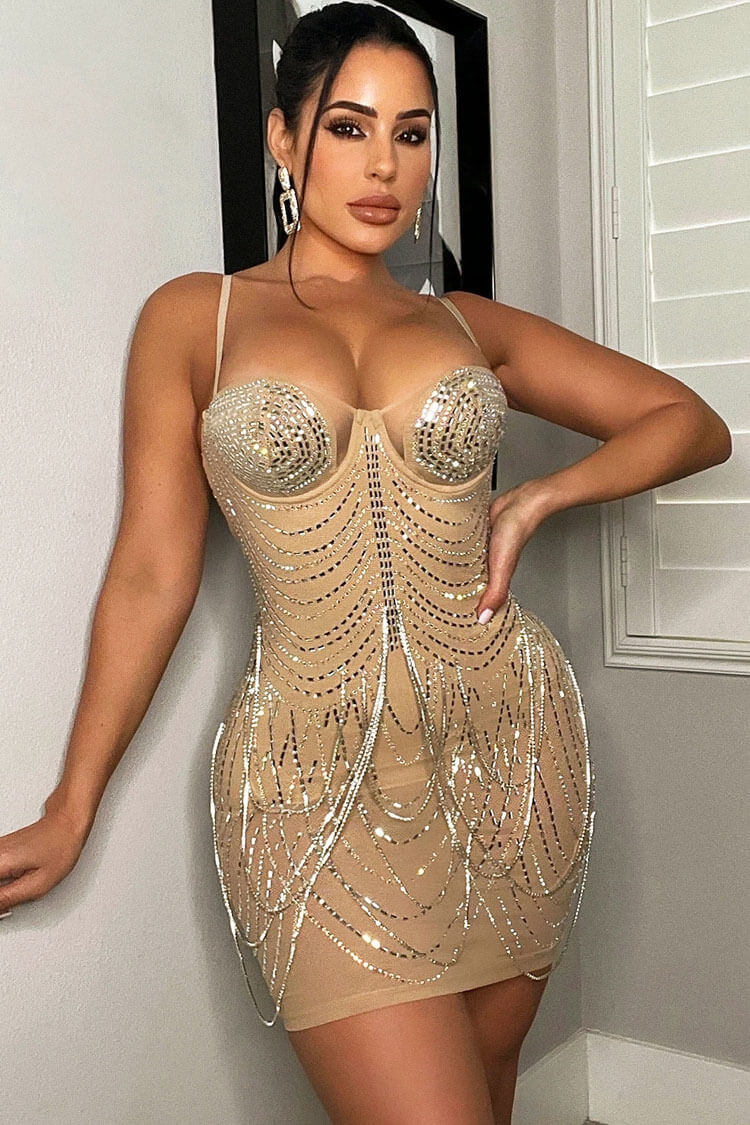 Shimmer Rhinestone Sweetheart Neck Sheer Mesh Bodycon Party Mini Dress - Apricot