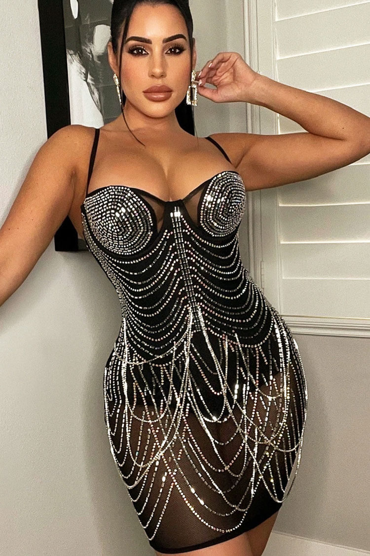 Glam Rhinestone Sweetheart Neck Sheer Mesh Bodycon Party Mini Dress - Black