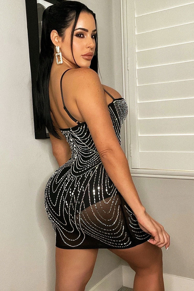 Glam Rhinestone Sweetheart Neck Sheer Mesh Bodycon Party Mini Dress - Black