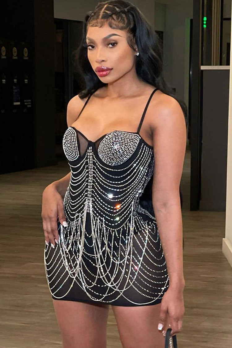 Glam Rhinestone Sweetheart Neck Sheer Mesh Bodycon Party Mini Dress - Black