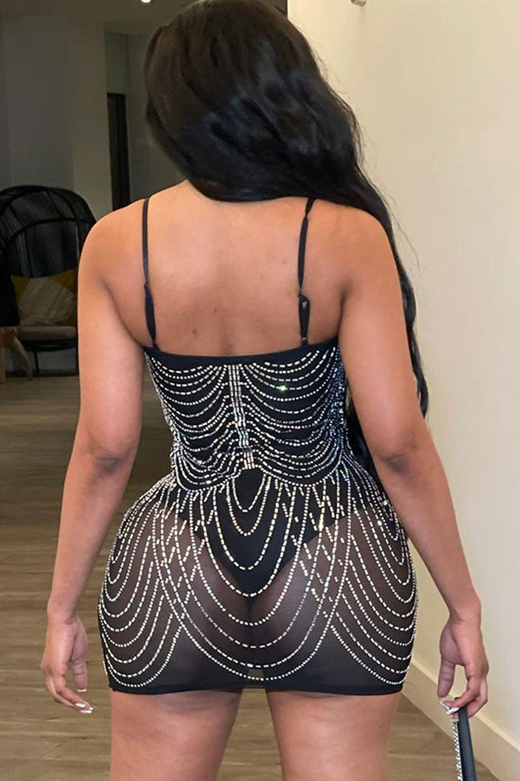 Glam Rhinestone Sweetheart Neck Sheer Mesh Bodycon Party Mini Dress - Black