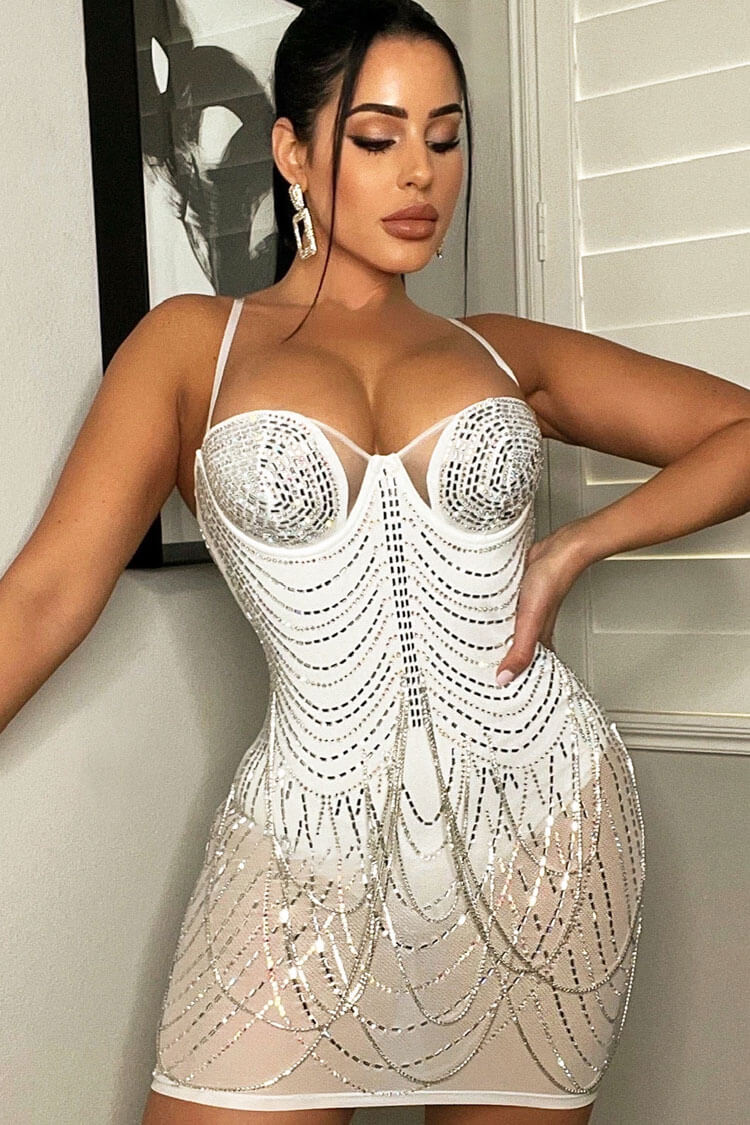 Sequined Rhinestone Sweetheart Neck Sheer Mesh Bodycon Party Mini Dress - White