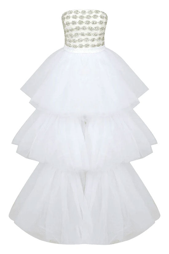 Shiny Rhinestone Tube Top Layered Tulle High Low Evening Dress - White
