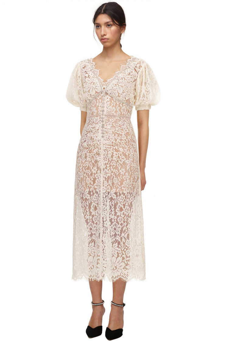 Rhinestone Sparkly V Neck Lace Cocktail Party Midi Dress - Cream