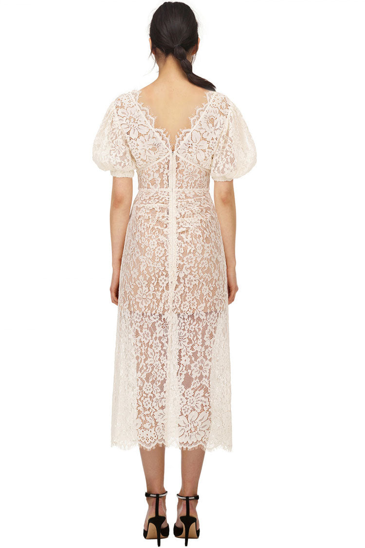Rhinestone Sparkly V Neck Lace Cocktail Party Midi Dress - Cream