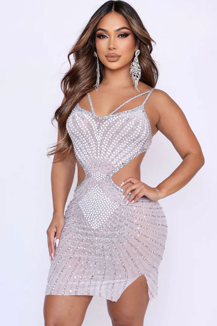 Shimmer Rhinestone V Neck Sheer Mesh Cutout Party Mini Dress - Ivory