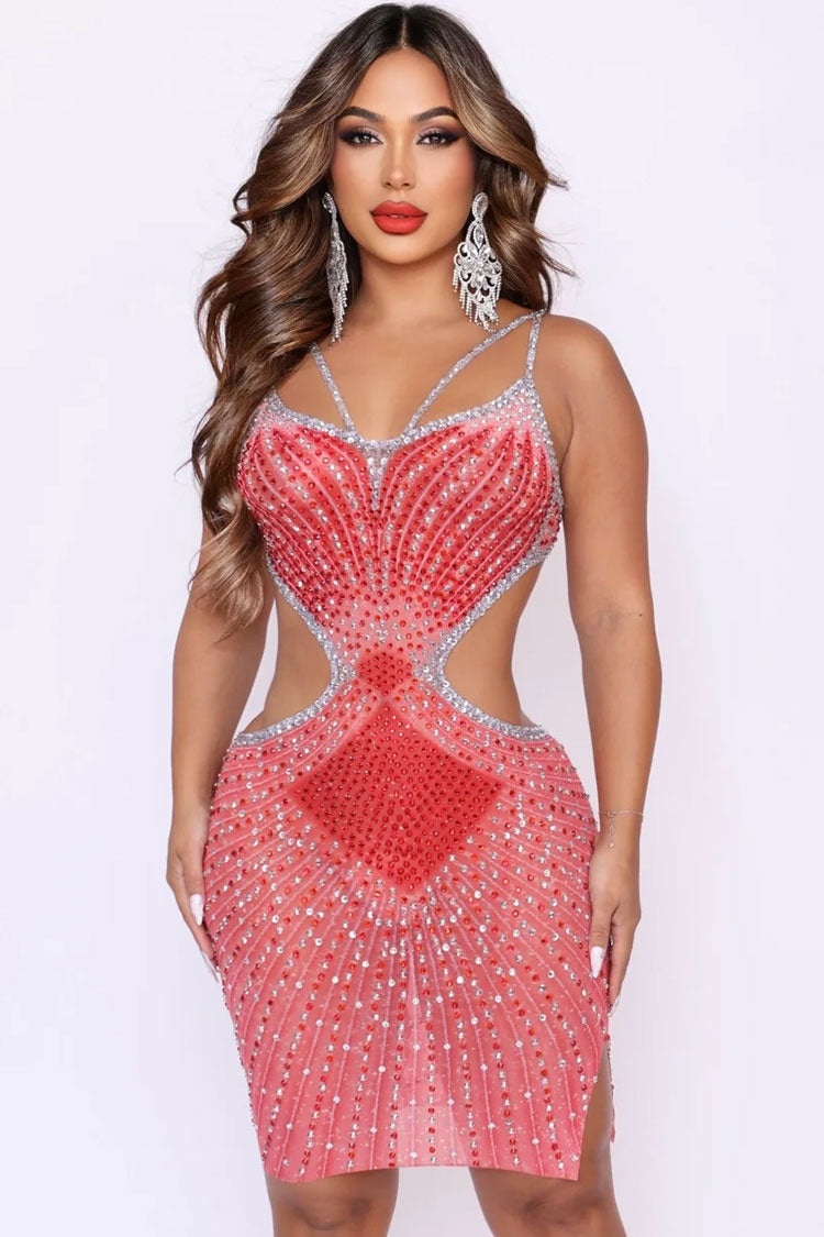 Glam Rhinestone V Neck Sheer Mesh Cutout Party Mini Dress - Red