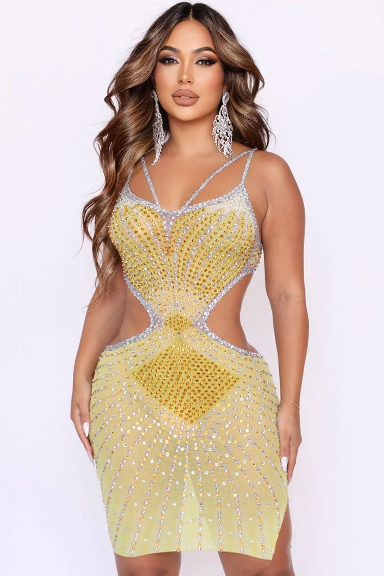 Glam Rhinestone V Neck Sheer Mesh Cutout Party Mini Dress - Yellow