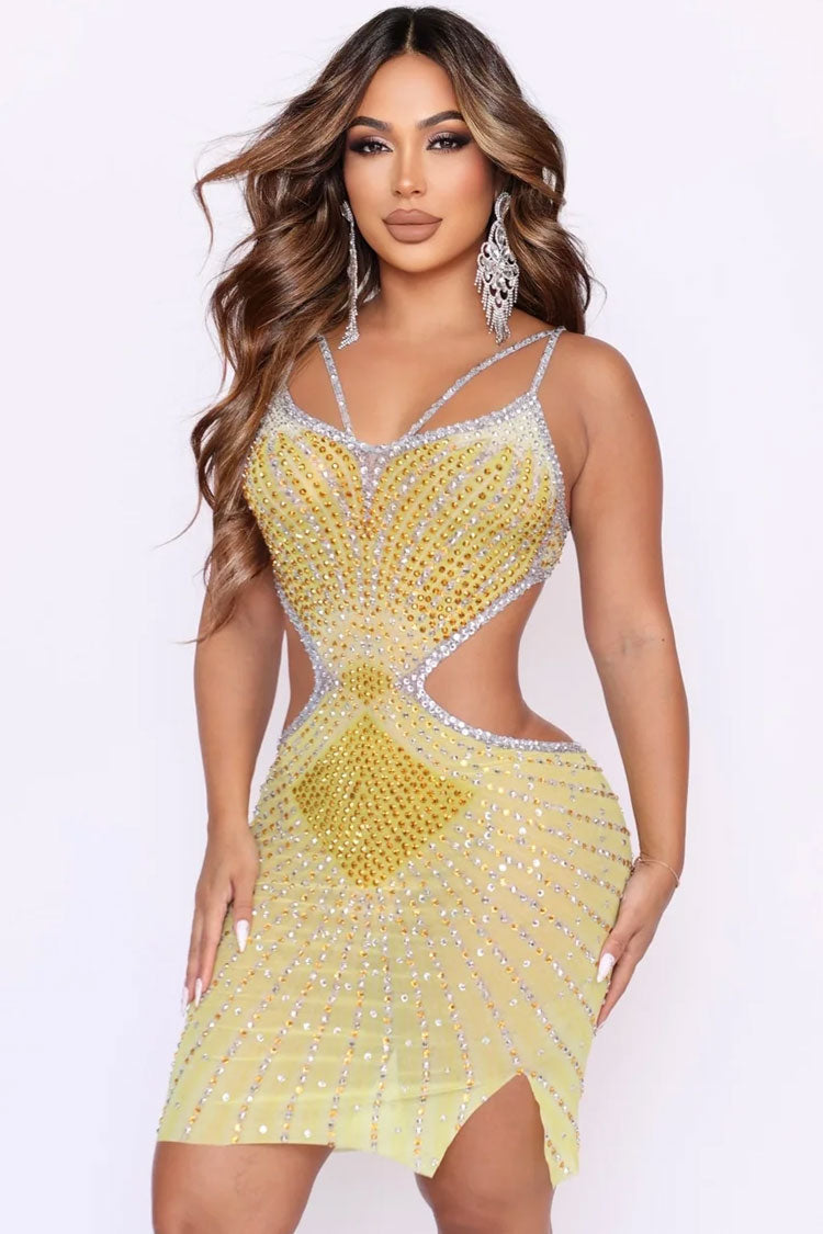 Glam Rhinestone V Neck Sheer Mesh Cutout Party Mini Dress - Yellow