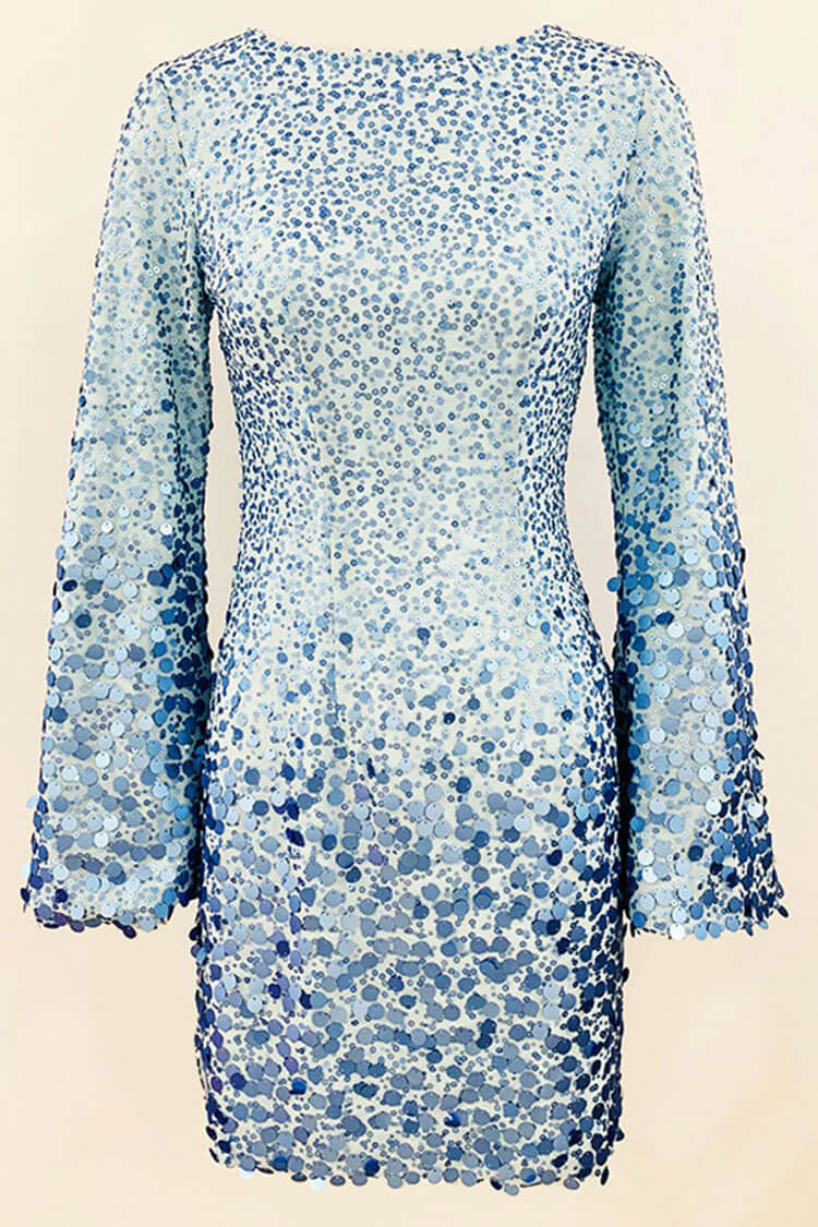 Sequined Round Neck Long Sleeve Bodycon Sequin Party Mini Dress - Blue