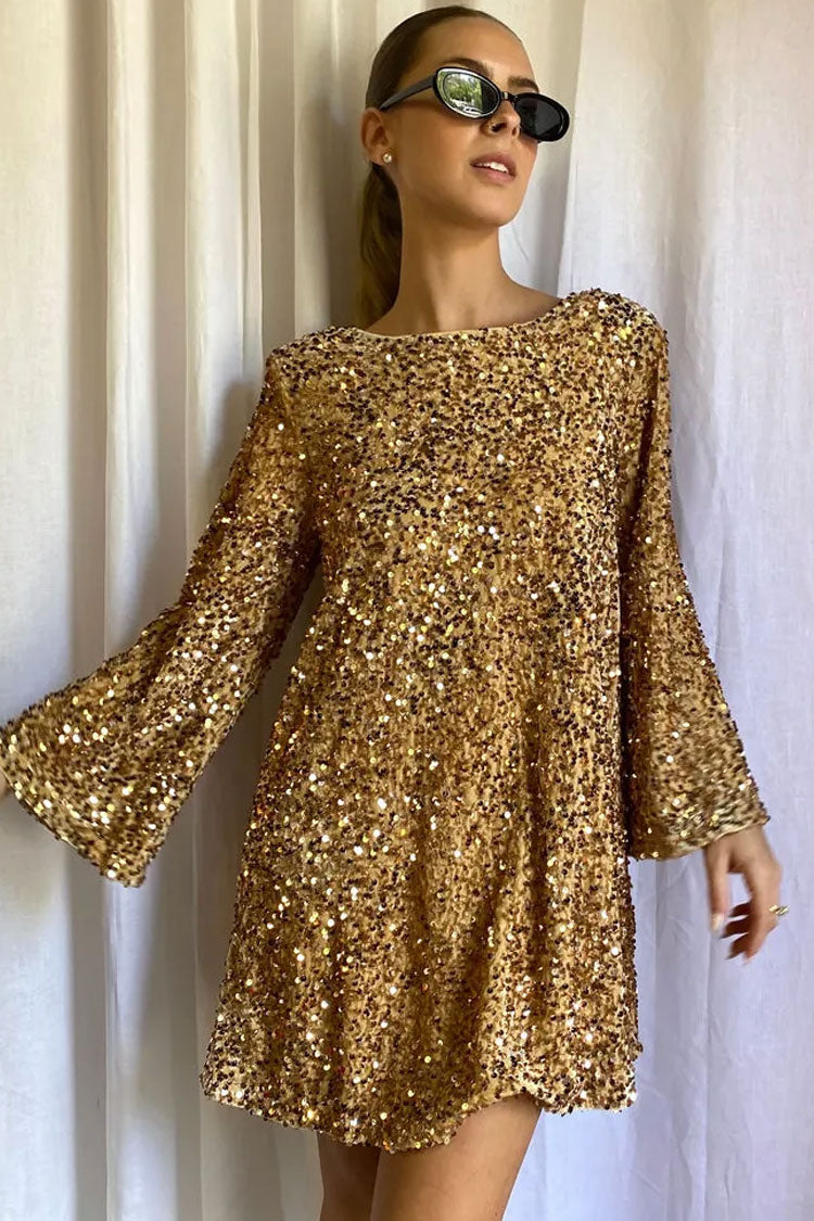 Sequined Sequin Bow Tie Long Sleeve Oversized Velvet Party Mini Dress - Gold