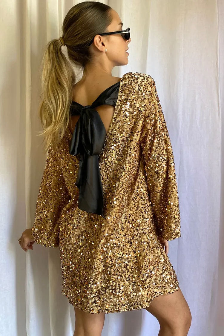 Sequined Sequin Bow Tie Long Sleeve Oversized Velvet Party Mini Dress - Gold