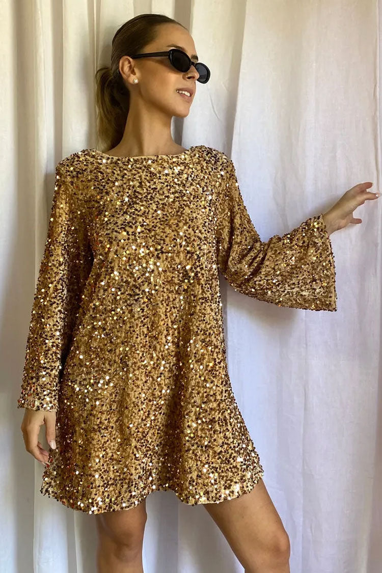 Sequined Sequin Bow Tie Long Sleeve Oversized Velvet Party Mini Dress - Gold
