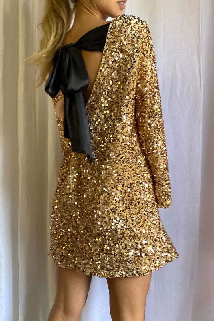 Sequined Sequin Bow Tie Long Sleeve Oversized Velvet Party Mini Dress - Gold