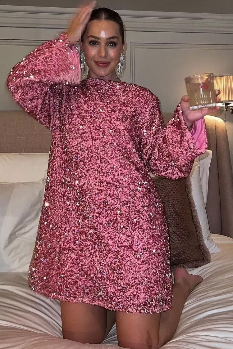 Glam Sequin Bow Tie Long Sleeve Oversized Velvet Party Mini Dress - Hot Pink