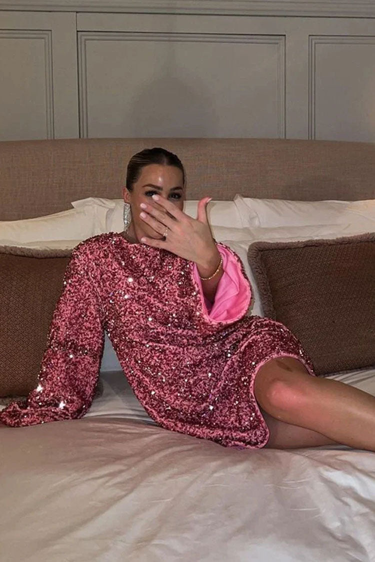 Glam Sequin Bow Tie Long Sleeve Oversized Velvet Party Mini Dress - Hot Pink