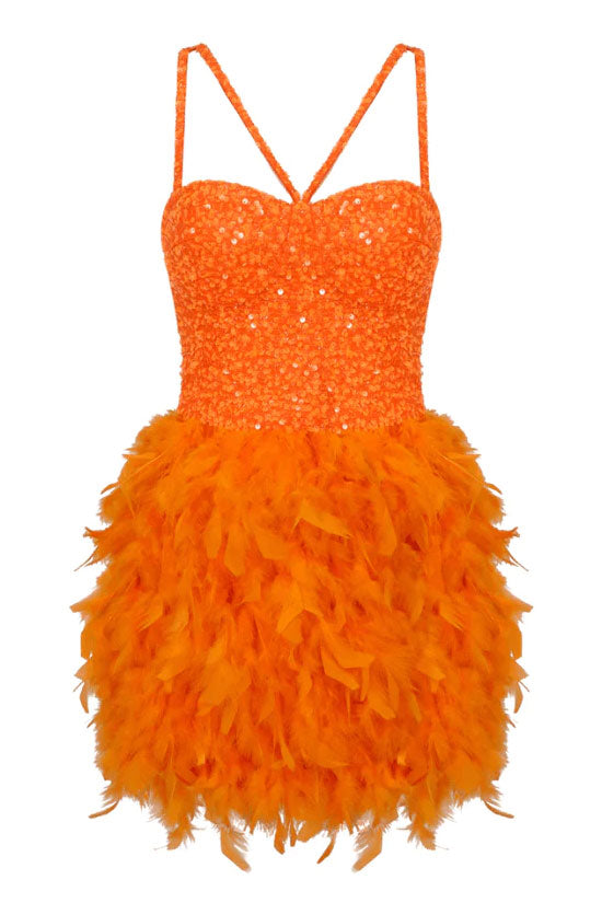 Glam Sequin Bustier Sleeveless Feather Trim Party Mini Dress - Burnt Orange