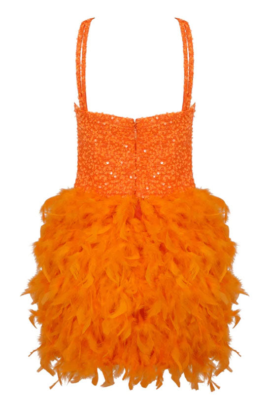 Glam Sequin Bustier Sleeveless Feather Trim Party Mini Dress - Burnt Orange
