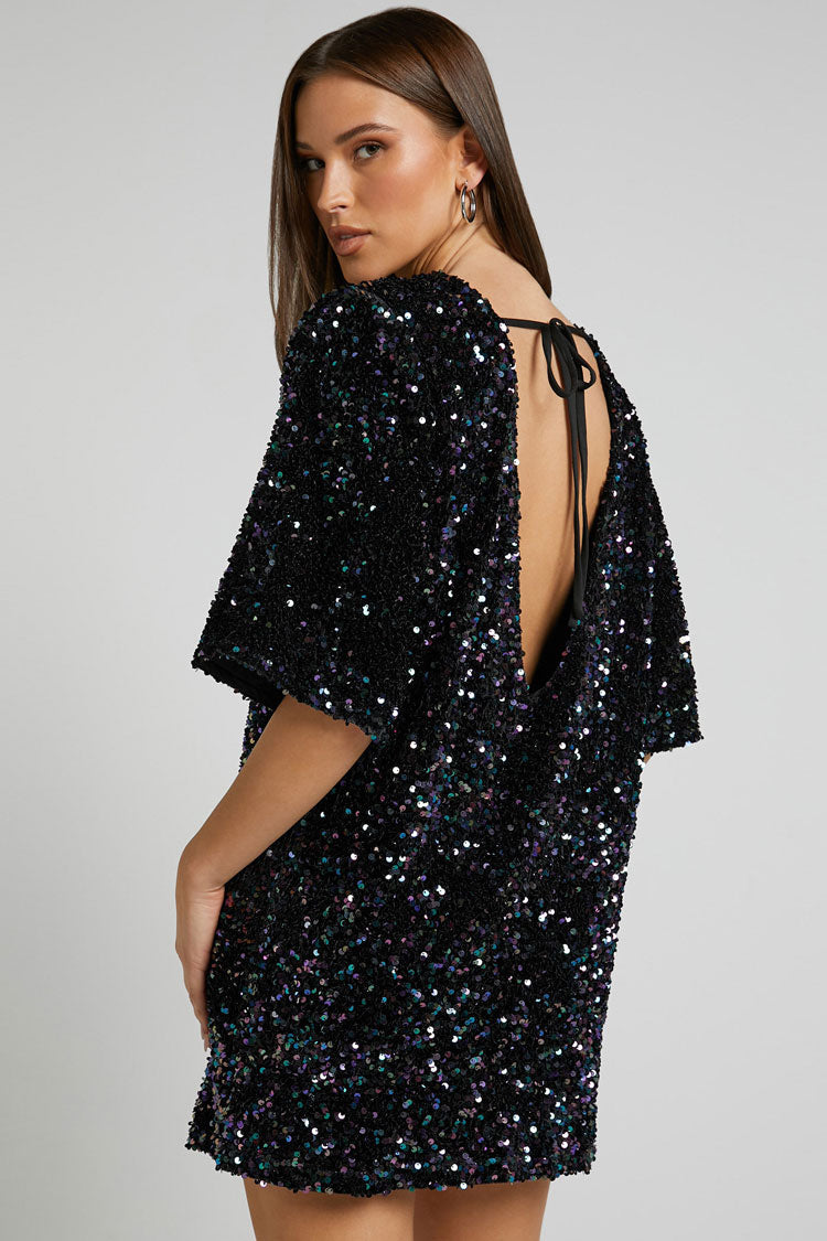 Sequined Sequin Crew Neck Short Sleeve Oversized Velvet Party Mini Dress - Black