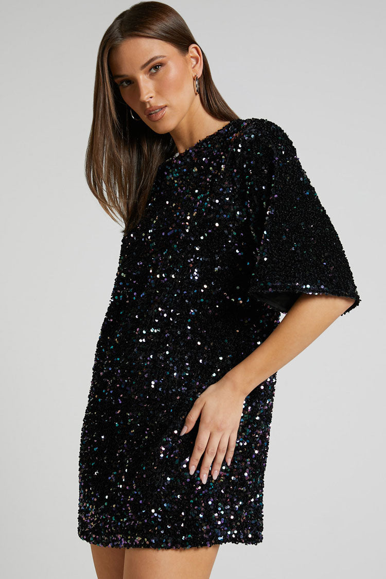 Sequined Sequin Crew Neck Short Sleeve Oversized Velvet Party Mini Dress - Black
