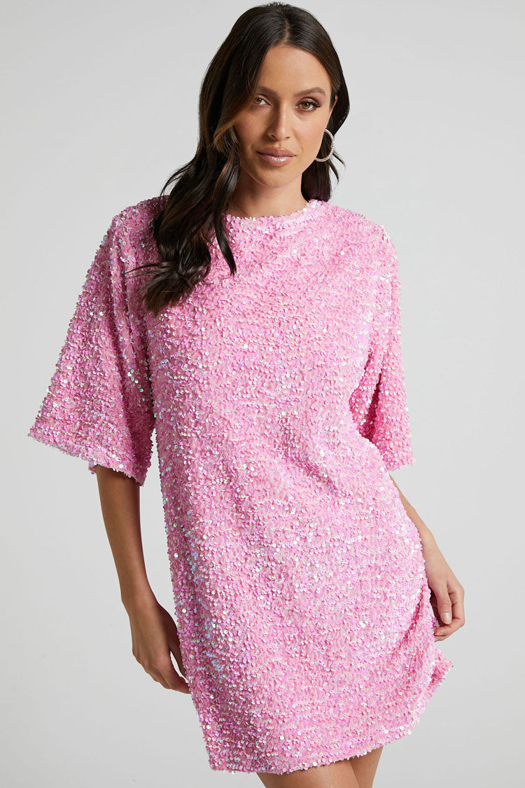 Sequined Sequin Crew Neck Short Sleeve Oversized Velvet Party Mini Dress - Pink