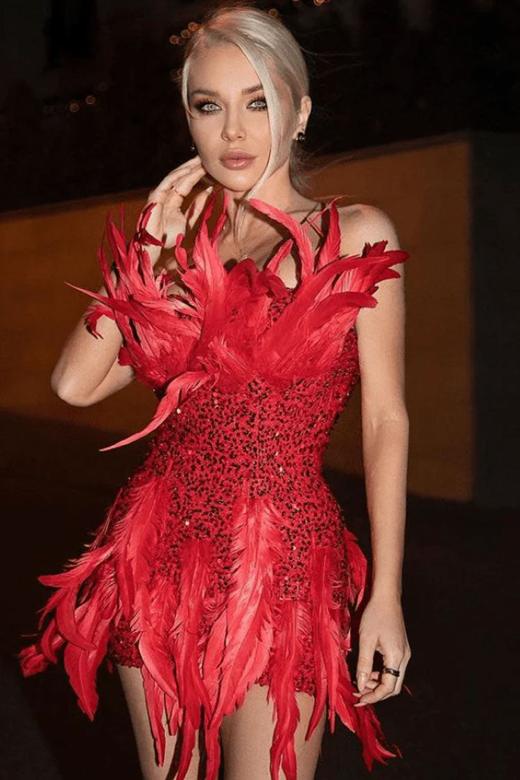 Sequined Sequin Faux Feather Bodycon Strapless Party Mini Dress - Red