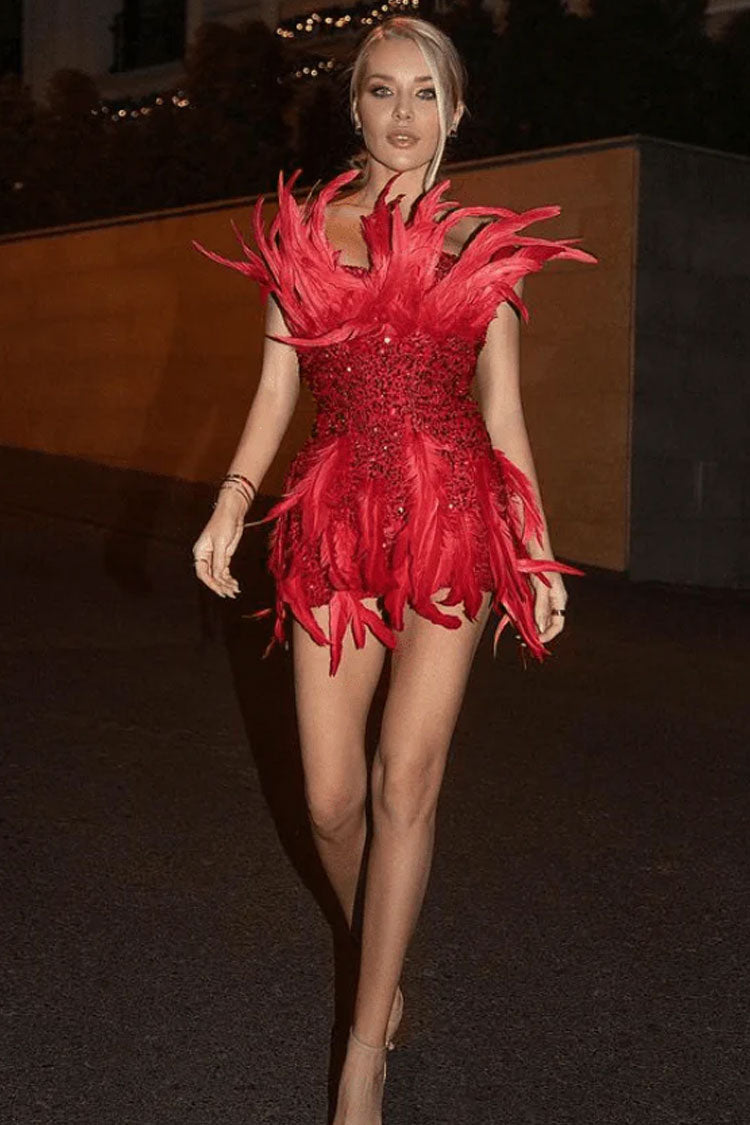 Sequined Sequin Faux Feather Bodycon Strapless Party Mini Dress - Red