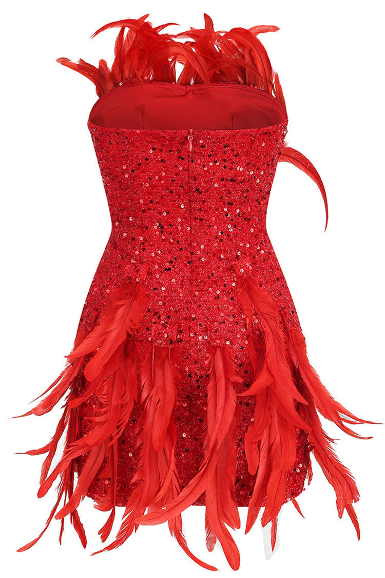 Sequined Sequin Faux Feather Bodycon Strapless Party Mini Dress - Red