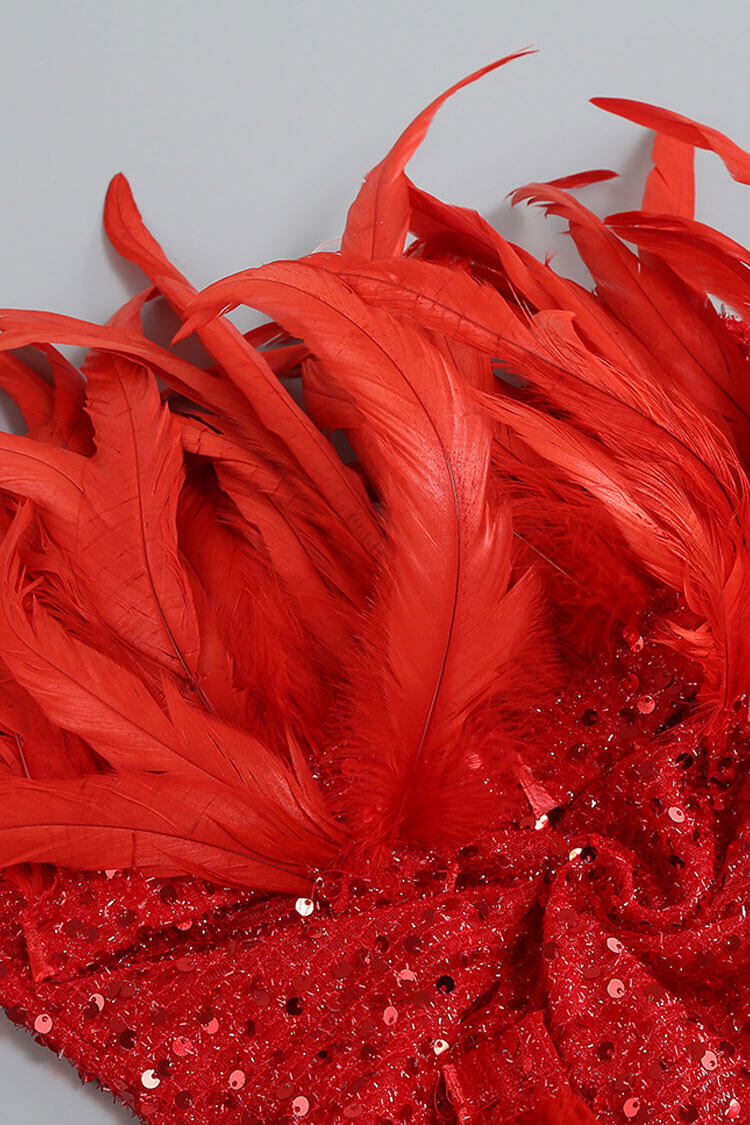 Sequined Sequin Faux Feather Bodycon Strapless Party Mini Dress - Red