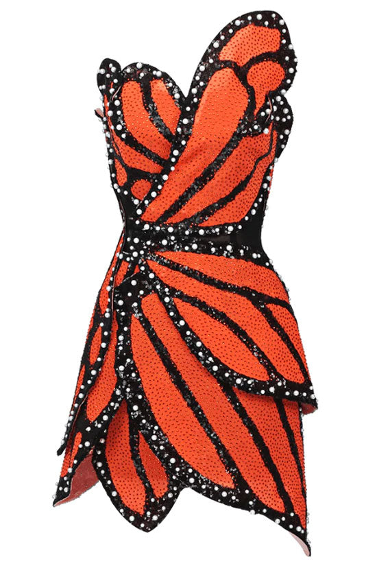 Shimmer Sequin Faux Pearl Crystal Butterfly Strapless Party Mini Dress - Burnt Orange