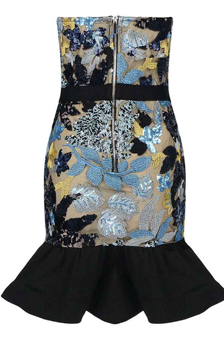 Sparkly Sequin Flower Ruffle Strapless Party Mini Dress - Sky Blue
