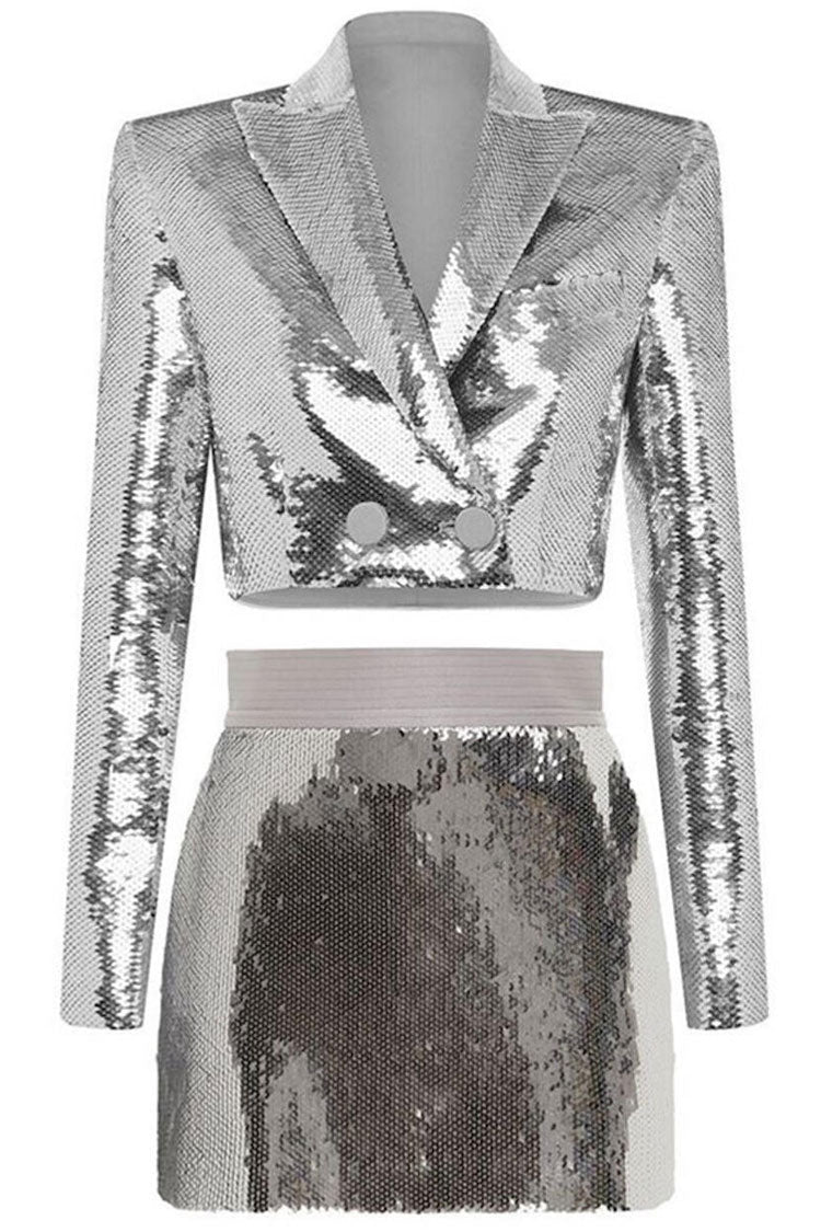 Sequined Sequin Lapel Collar Cropped Blazer Two Piece Mini Dress - Silver