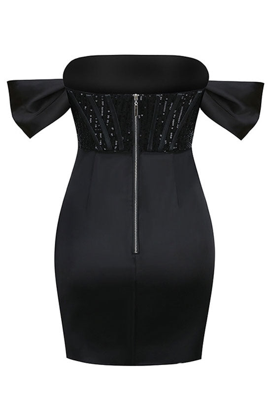 Glam Sequin Off Shoulder Satin Corset Club Mini Dress - Black