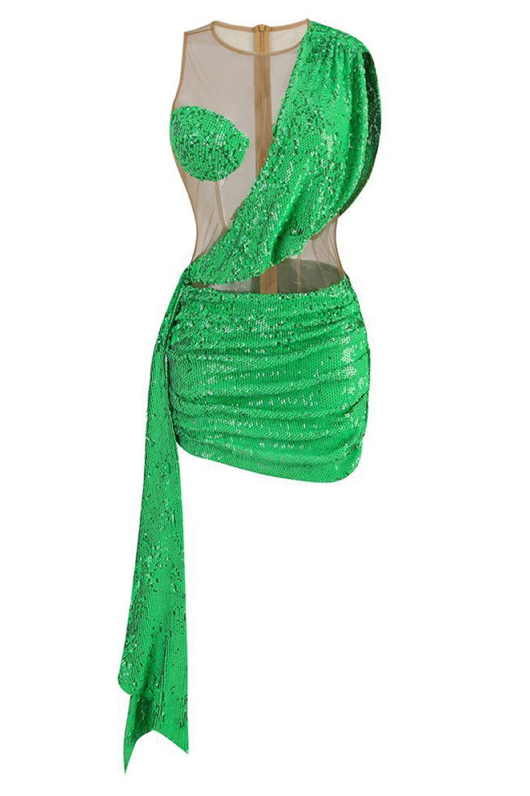 Sequined Sequin Panel Sheer Mesh Ruched Draped Bodycon Club Mini Dress - Green