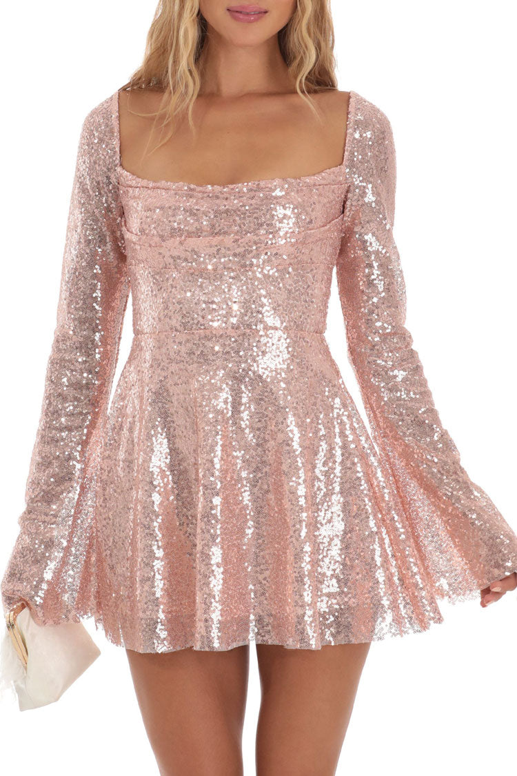 Glam Sequin Pleated Square Neck Bell Sleeve Skater Party Mini Dress - Gold