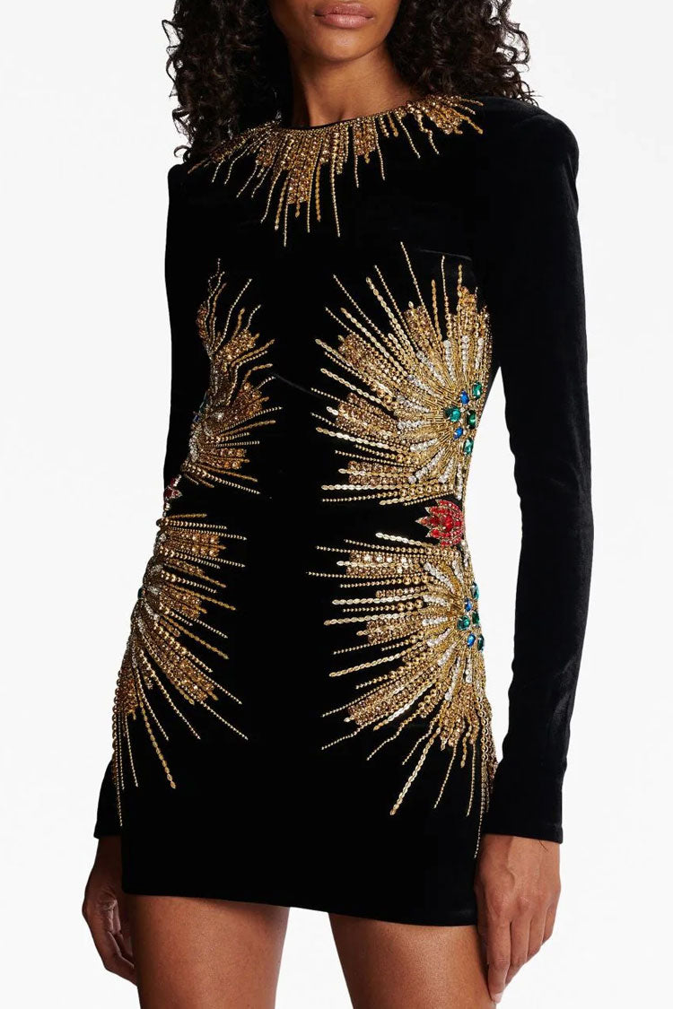 Glam Sequin Rhinestone Crew Neck Long Sleeve Velvet Party Mini Dress - Black