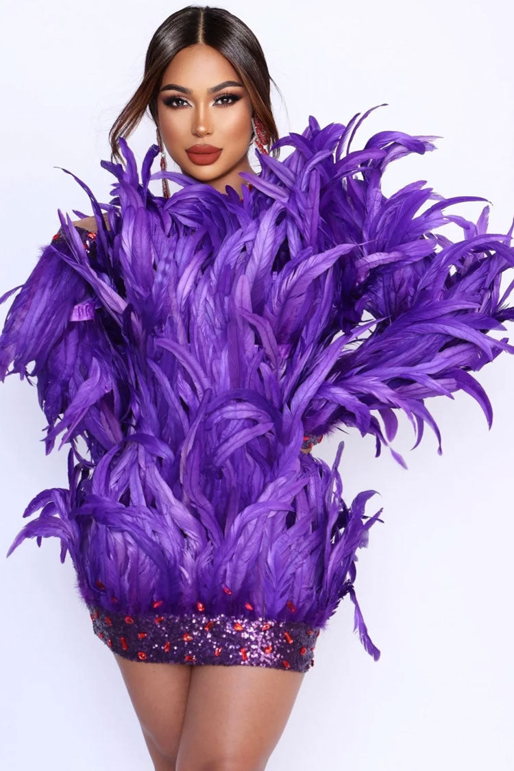 Sequined Sequin Rhinestone Feather Embellished Bodycon Party Mini Dress - Purple