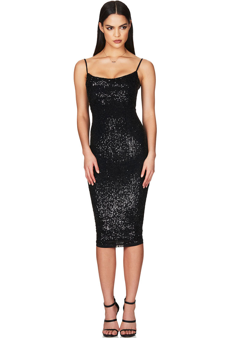 Sequin Sparkly Scoop Neck Spaghetti Strap Cocktail Party Midi Dress - Black