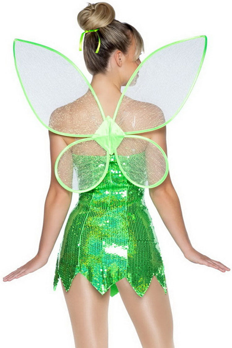 Glam Sequin Wing Trim Forest Fairy Elf Halloween Party Mini Dress - Green