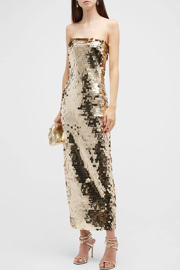 Square Sparkly Neck Spaghetti Strap Bodycon Sequin Cocktail Midi Dress - Gold