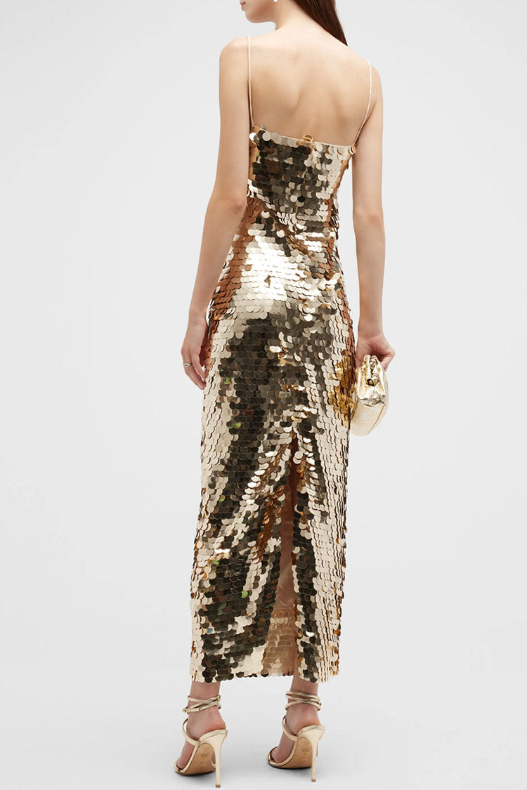 Square Sparkly Neck Spaghetti Strap Bodycon Sequin Cocktail Midi Dress - Gold