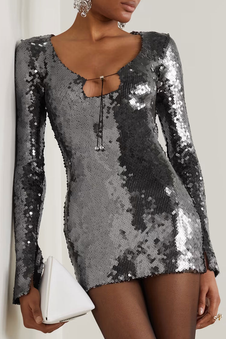 Shimmer Tie Neck Split Sleeve Bodycon Sequin Party Mini Dress - Black Gray