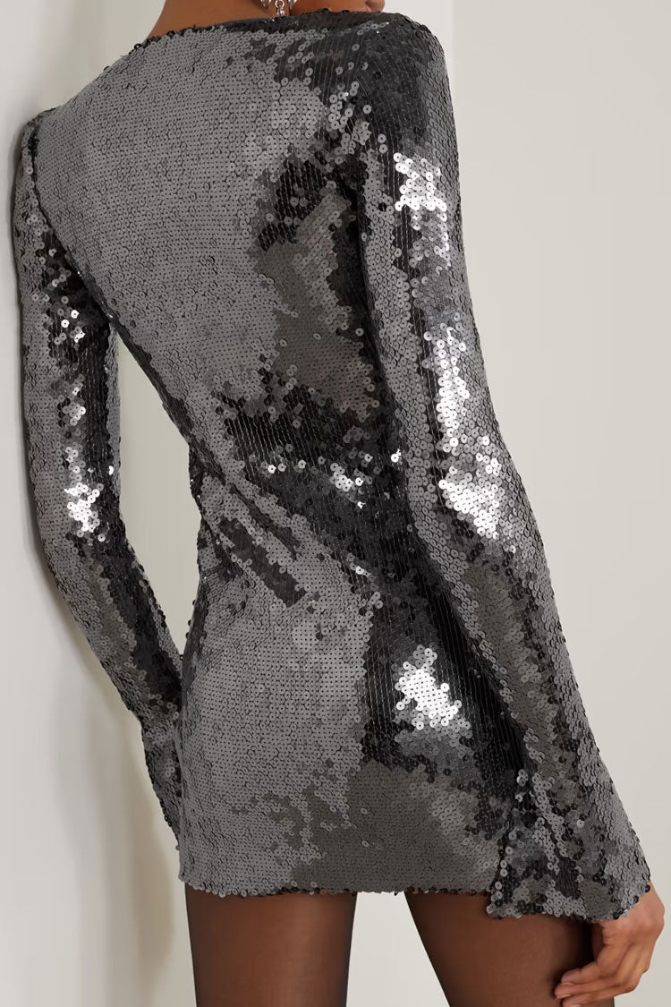 Shimmer Tie Neck Split Sleeve Bodycon Sequin Party Mini Dress - Black Gray