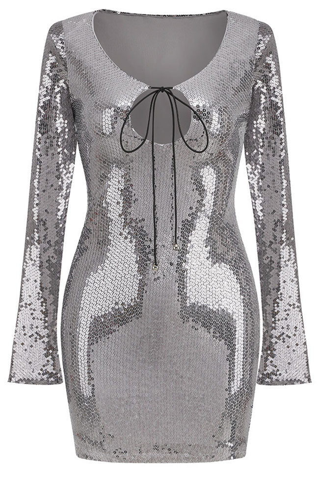 Shimmer Tie Neck Split Sleeve Bodycon Sequin Party Mini Dress - Black Gray