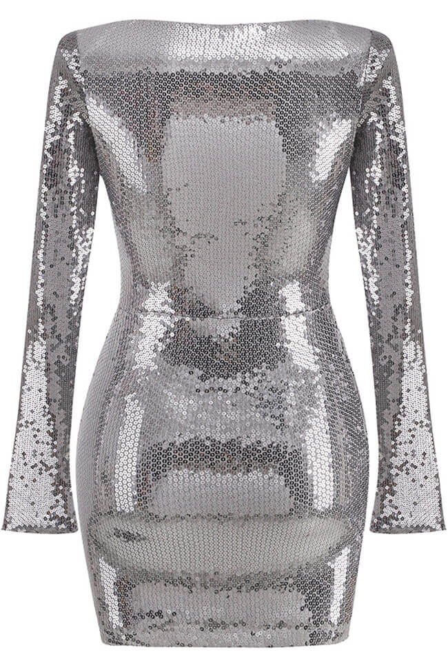 Shimmer Tie Neck Split Sleeve Bodycon Sequin Party Mini Dress - Black Gray