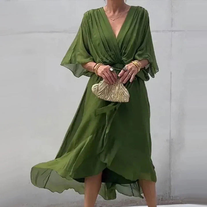 Minimalist Natasha Midi Dress with V Neckline and Loose Sleeves Chic Silhouette Collection