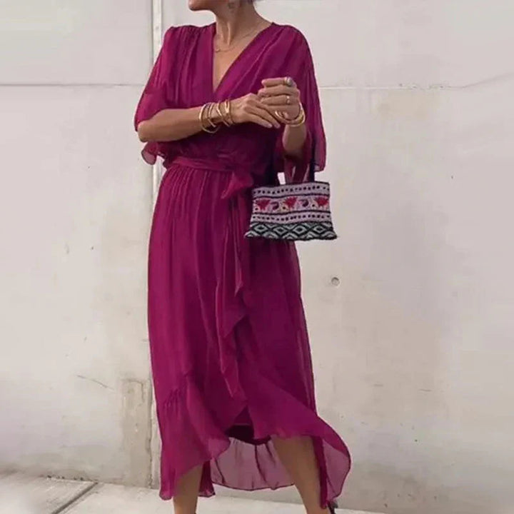Minimalist Natasha Midi Dress with V Neckline and Loose Sleeves Chic Silhouette Collection