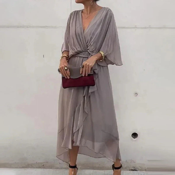 Minimalist Natasha Midi Dress with V Neckline and Loose Sleeves Chic Silhouette Collection