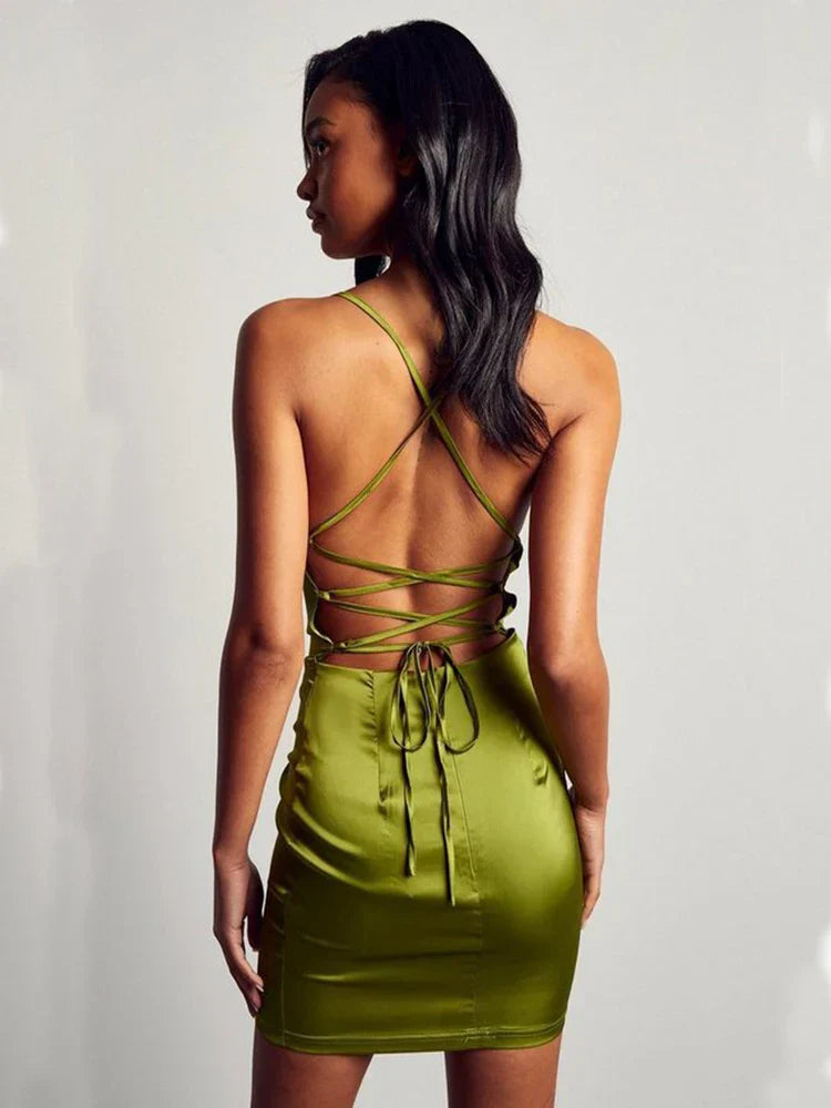 summer spring European American new foreign satin lace back Midi Dresses